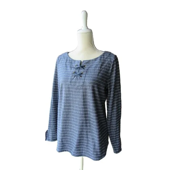 Talbots Striped Knit Top Criss Cross Detail Women's Medium Casual Ruffle Cuff - Picture 3 of 13